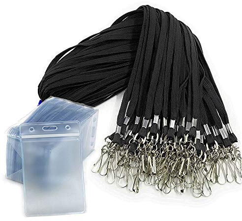 50 Stck Namensschilder mit Schlüsselband-Ausweishalter Vertikaler wasserdichter Kunststoff-Ausweishalter Lanyards Namensschilder für Kids School Camp Exkursion Business Event Trade (schwarz)