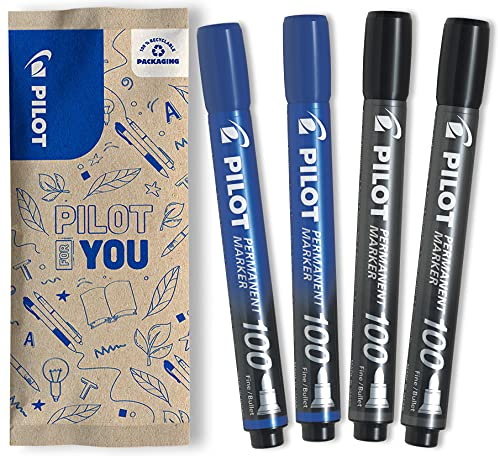 PILOT - Set Da 4 Pennarelli Indelebili SCA 100 - Pennarelli Waterproof per tutte le superfici - Alta copertura e durata - 2 neri, 2 Blu - Punta Fine a proiettile