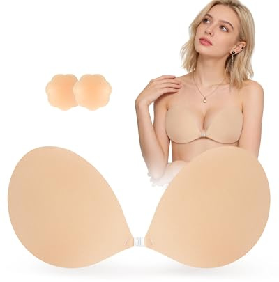 SHINYMOD Strapless Bra, Invisible Backless Bra Breast Lift Up Push Up Padded Sticky Bras Bigger Bust Self Adhensive Nipple Cover Reusable Bra for Wedding Dress Swimsuit Women, Beige, A