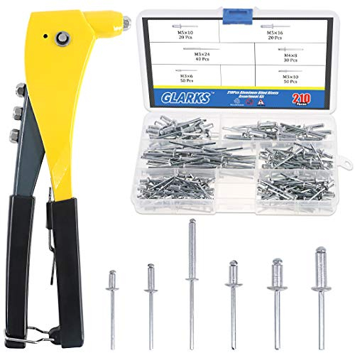 GLARKS Set di rivettatrici Resistenti, Kit Assortito di 210 Rivetti ciechi in Alluminio e Una Pistola Professionale per Rivetti per lamiere, Automotive, ferrovie e condotti (Pistola rivettatrice con