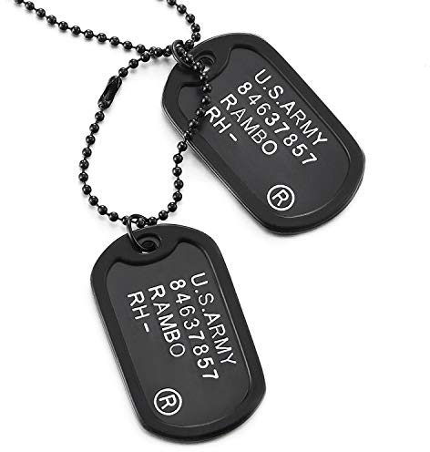COOLSTEELANDBEYOND Klassischer Zwei Stücke Herren Schwarz Militär Armee Dog Tag Anhänger mit Schwarz Silikon, 70cm Kugelkette