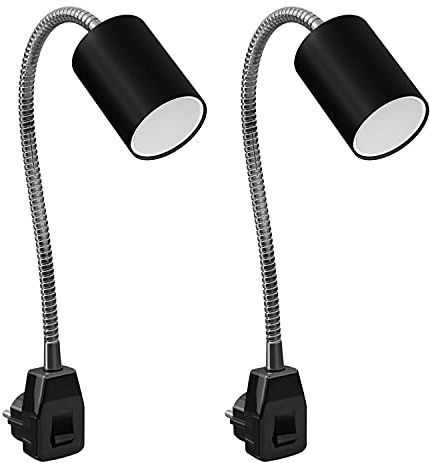 ledscom.de 2 Stück GU10 Steckdosenlampe WAIKA Schwanenhals, Schalter, schwarz inkl. GU10 LED 3-Stufen dimmbar warmweiß