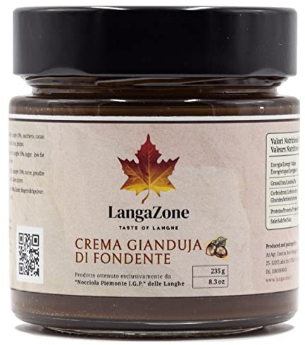 LangaZone Crema Spalmabile con Nocciole Piemonte I.G.P. delle Langhe, Crema di Nocciole 100% Italiane, Crema Nocciole 100% Artigianale, Crema 100% Nocciole Alta Qualità (Crema Gianduja Fondente)