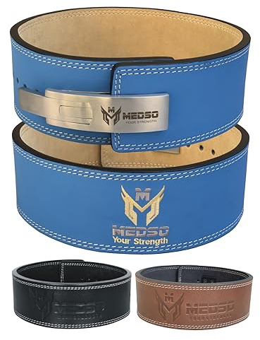 MEDSO Weightlifting Powerlifting Leather Belt 10-13MM Thick 4 Wide Lever Belt Back Support For Squat Deadlift Strength Training Men Women (BLUE, M)