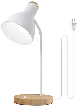 LALISU Tischlampe Basic LED Leselampe Nachttischlampe mit Holzdesign, Weiß | Klassichen Holz-Design, Augenschutz Tageslicht-LED, Schreibtischlampe mit Verstellbarem Arm für Arbeitsplatz und Studium