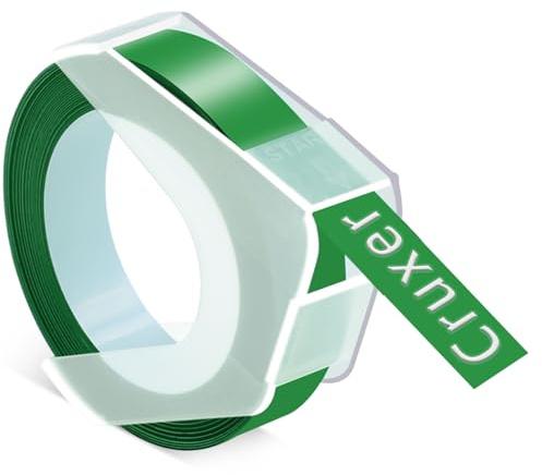 Cruxer Ruban adhésif de gaufrage de rechange pour Dymo Omega - 9 mm x 3 m - Blanc sur vert - Pour étiqueteuses Dymo Omega Junior