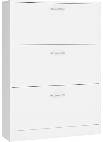 FirFurd Schuhschrank schmal weiß, Schuhkipper mit 3 Klappschubladen, Schuhregal platzsparend für 12-24 Parre, Schuhkommode hoch für Diele, Flur, Eingang Schuhschrank Holz 110x80x23.5cm