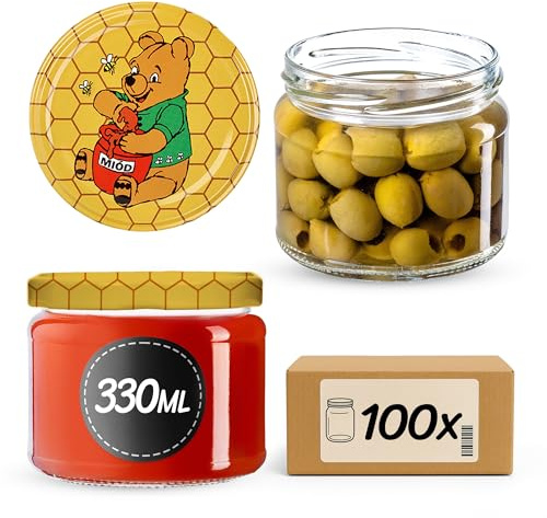 KADAX Lot de 100 bocaux en verre 330ml Ø82 à pois rouges – Couvercle Twist-Off hermétique TO82 – Pour confitures, conserves, cornichons, miel & fermentation