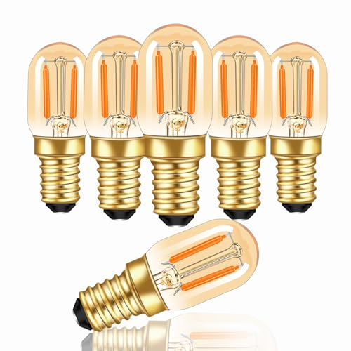 E14 1W LED Light Bulb, Amber Glass E14 Vintage Filament Small Screw Bulbs Ultra Warm White 2200K 100LM Mini T22 Tubular Night Light Bulb for Fridge Salt Lamp, 10W Equivalent, Non-Dimmable, 6 Pack