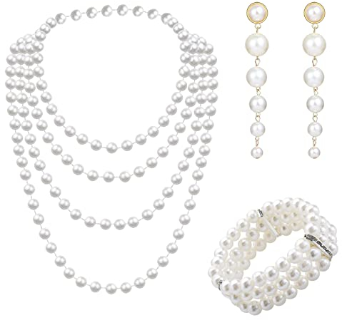 Cosswe Vintage Imitation Perlen Schmuck Set für Damen - Perlenkette, Perlen Ketten, Modeschmuck für Party, Abschlussball, Hochzeit, Festival