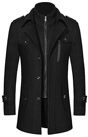 Manteau long 3/4 pour homme en laine et cachemire - Manteau d'hiver décontracté - Longue veste en laine - Coupe ajustée - Col à revers - Trenchcoat, Noir , XL