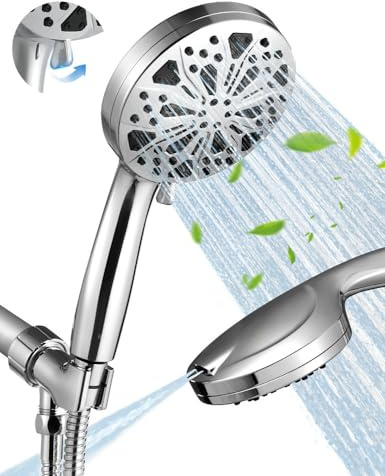 GUOYULJU High Pressure Shower Head with Handheld, 10 Spray Modes Hand Held Showerhead, Built-in 2-Mode Power Wash for Bathroom Tub & Pets, 59 Inch Stainless Steel Hose, Adjustable Bracket, Chrome