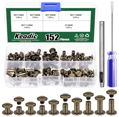 Keadic Chicago Screws Assortment, 152Pcs 5 Sizes Bronze M5 Flat Head Leather Rivets with Setting Tool, Bookbinding Studs for Belt, Purse, Shoes & DIY Leather Craft