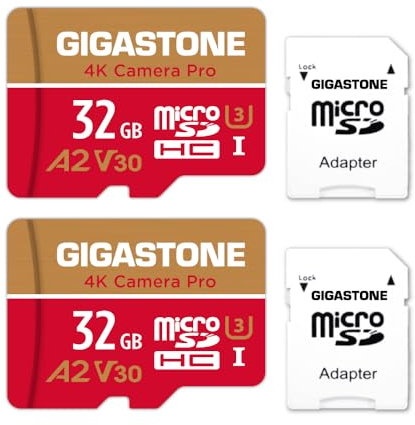 【Recupero dati gratuito per 5 anni】GIGASTONE MicroSDHC 32 GB (Set da 2), 4 K, fotocamera Pro, compatibile con GoPro Drone Switch, velocità 95 MB/s. per 4K UHD Video, A2 U3 V30, con Adattatore SD
