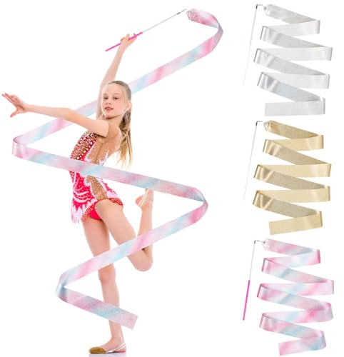 Sinmoe 3 Kinder Tanzbänder mit Stab 2 m Rhythmische Sportgymnastik Band mit Wirbelstab Gymnastikband Glitzernde Turnband Gymnastikgeräte für Künstlerische Tanzgymnastik Talentshow Zirkus Kindertanz