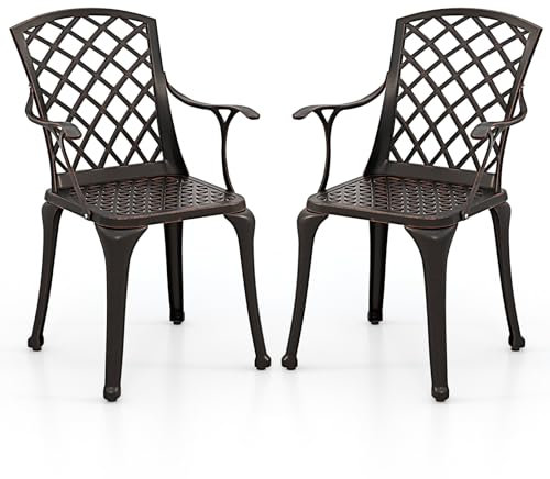 COSTWAY 2er Set Gartenstühle aus Aluminiumguss, wetterfeste Terrassenstühle mit Armlehnen, Balkonstühle für Garten, Balkon, Hinterhof (Kupferrot)