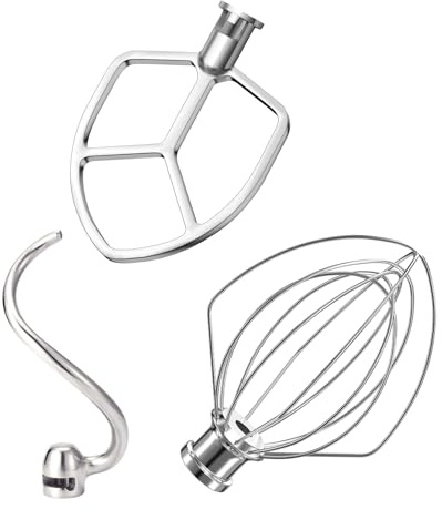 Stainless Steel 3 Piece kit Attachments for KitchenAid Stand Mixer and 5.5-6 Quart Bowl, Dishwasher Safe (5.5-6QT Flat Beater, 6QT Dough Hook, KN256 6-Wire Whip Attachment)