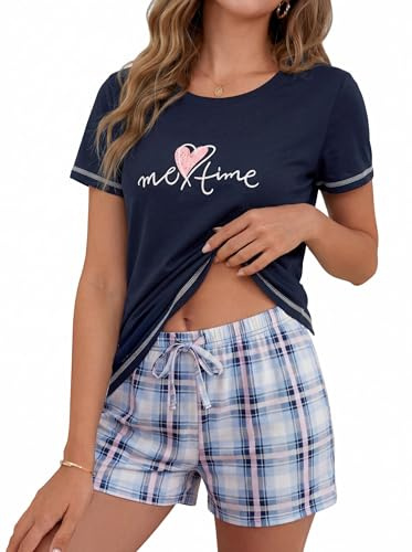 Leversic Pijama Verano Mujer Corto a Cuadros 2 Piezas Parte Superior de Manga Corta con Pantalones Conjunto de Ropa de Estar por Casa(Azul Marino,XL)
