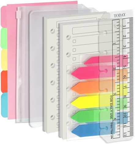 Harphia Kit de remplissage de cahiers A7 à 6 trous - 90 feuilles de papier avec autocollants et séparateurs - Inserts de planification avec poches pour cahier rechargeable A7 - Liste de choses à faire