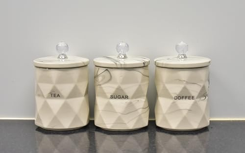 DEENZ Set Of 3 Marble Design Coffee Tea Sugar Canisters Container Kitchen Jar Pots Crystal Best For Gift Home Decor (Cream)