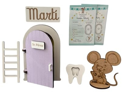 Puerta Ratoncito Pérez Personalizable Con Nombre,SE ABRE, color LILA-Con 4 certificados+Escalera+Felpudo personalizado+Caja para diente y opción si quieres a ratón. Puerta mágica.Casita Ratoncito