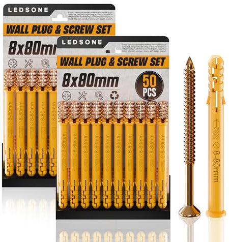 LEDSone 50pcs X 2Pack Wall Plugs and Screw 8 x 80mm Set Anchor Bolt for Masonry Brick Concrete Heavy Duty Brick Concrete Fixings Plug screws for Mounting TV