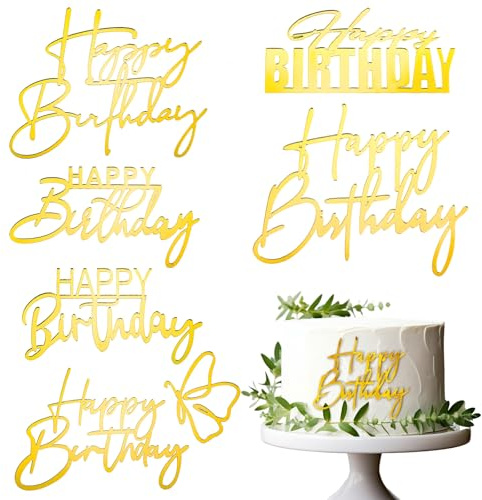 6 Gold Mirror Acrylic Happy Birthday Cake Topper Set - Elegant Glitter Birthday Decoration for Cakes & Cupcakes, Reusable Party Supplies for Women, Men, Adults - 6 Stylish Designs