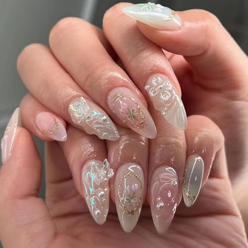 Ceboic 3D Handgefertigte French Press on Nails, Mandel Nägel Zum Aufkleben mit Charms, Natürlich Kunstnägel mit Schmetterling, Blume, Schleife, Perlen, Glossy Künstliche Nägel für Frauen, 24 Stück