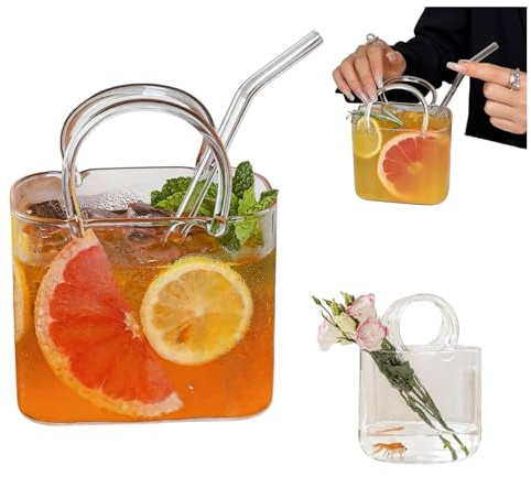 Winnsell Purse Drinking Glass, Glass Purse Vase Unique Wine Glasses Cute Purse Drinking Glass with Handles Cocktail Glasses for Juice Iced Tea Flowers Home Office
