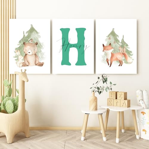 Pandawal® personalisierte Bilder Kinderzimmer Babyzimmer Waldtiere Deko Poster Set 3er Tiere für Kinder Junge I Mädchen mit Name