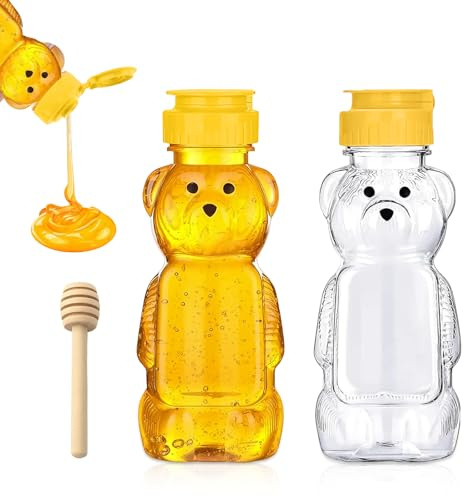 2 Stück Bär Honigspender mit Honiglöffel 250ML Sirup Spender Transparent | Squeeze mit Klappdeckel Honigglas Marmeladengläser Klein Saucenflasche für Kaffee Oder Tee