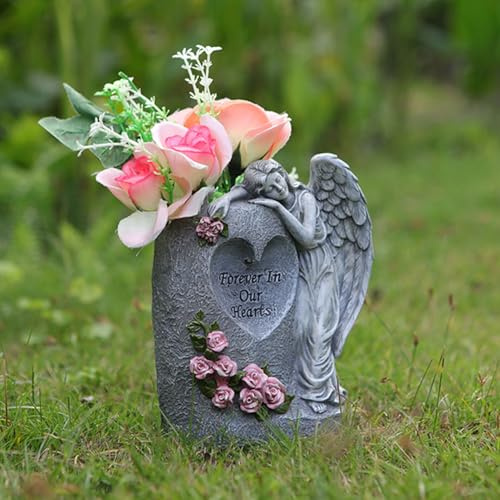 Kaezuy Grabschmuck Wetterfest Solar Engel Gartenfiguren Vasen, Engel Grab Gartenstatuen mit Vasen, Harz Betende Grabengel, Solarbetriebenes Friedhofslicht für Friedhof Outdoor Gartendekoration (Grau)