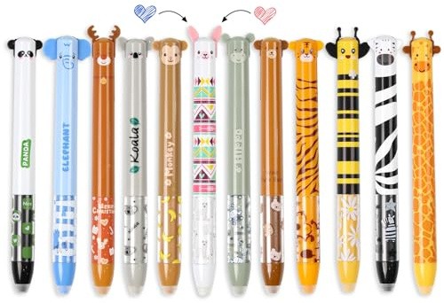 12 Stück Gelstifte Radierbar Set mit Tierkopf Motiv, Zweifarbige Gedrückte Radierbare Stifte, Erasable Pen 0,7mm Gelschreiber Radierbar für Schule Büro Studenten, Wegradierbare Stifte mit Radiergummi