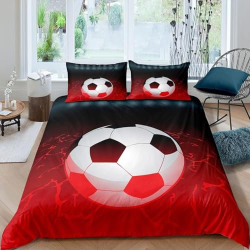 Loussiesd Football Copripiumino 220 x 240 cm calcio palla modello biancheria da letto sport tema arredamento biancheria da letto set giochi competitivi set di 3 pezzi per bambini ragazzi ragazze