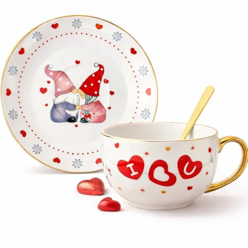 Valentine’s Day Coffee Mug Gift Set for Couples – Cute Gnome Love Mug with Saucer, Romantic Gift for Her or Him