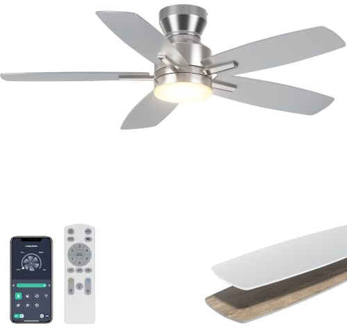 Ohniyou Ceiling Fans with Lights, 42'' Ceiling Fan with Light and Remote/APP Control, Modern Flush Mount Ceiling Fan for Indoor Bedroom Kitchen, Dimmable, Qiuet DC Motor, Silver
