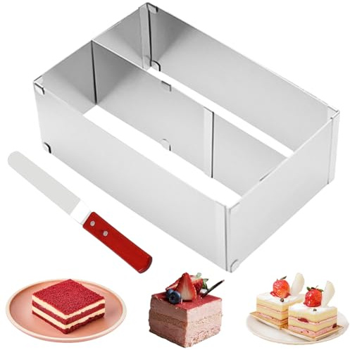 Telaio da forno rettangolare regolabile, alto 10 cm, rettangolare, regolabile, stampo quadrato con divisore e spatola, riutilizzabile in acciaio inox, rettangolare per torte a strati