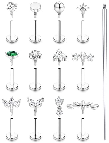 Krfy 16G/18G Helix Tragus Piercing Innengewinde Piercing Ohr 6/8MM | Gold Silber flat Piercing Helix, Chirurgenstahl Nasenpiercing Stecker, Labret Medusa Tragus Conch Piercing Ohr