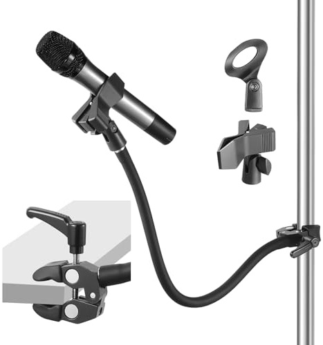 Gooseneck Microphone Stand, Flexible Microphone Holder with 2 Universal Mic Clip, Mic Stand Desk with 3/8 to 5/8 Adapter for Music Stand Tripod & Desktop, Podcast, Live Streaming, Recording Studio