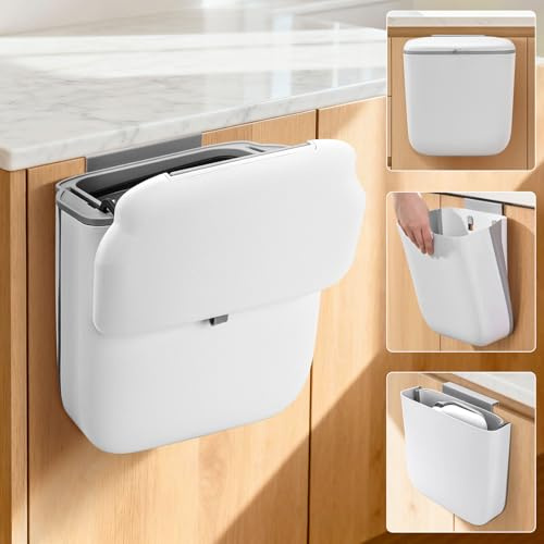 Foldable Hanging Trash Bin with Lid,Hanging Kitchen Bin with Lid,10L Foldable Food Waste Caddy,Rubbish Bin Kitchen Compost Bin Hanging Trash Can for Under Sink, Cupboard Door,Bathroom,Toilet