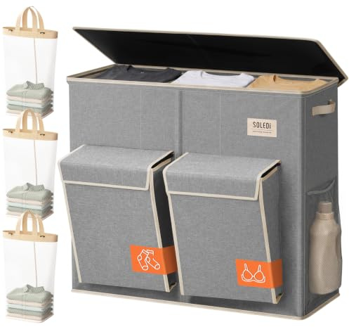SOLEDI 220L Laundry Basket 3 Section with 2 Pockets for Family & Sorting