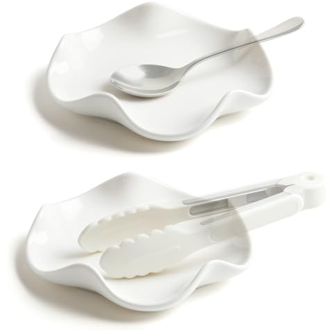 2 Pcs Ceramic Spoon Rests, 5.3 Inches Kitchen Spoon Holder, Tea Bag Dish, Jewellery Plates, Multi-Purpose Dish, Microwave Dishwasher Safe, for Kitchenware, Coffee Spoon, Snack, Fruits, Sauces—White