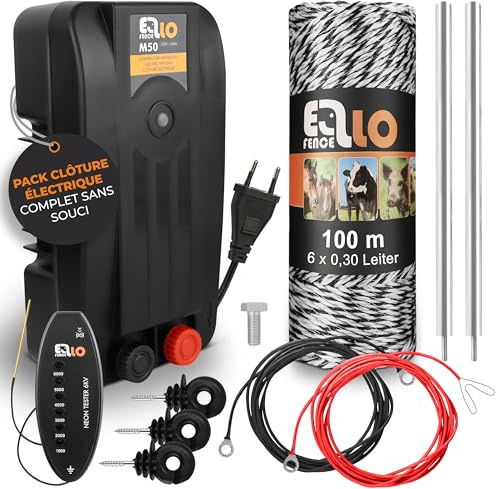 Ellofence Kit démarrage clôture électrique S – Appareil secteur premium avec 100 m fil, isolateurs à anneau & mise à la terre – Kit complet pour animaux domestiques & petits animaux