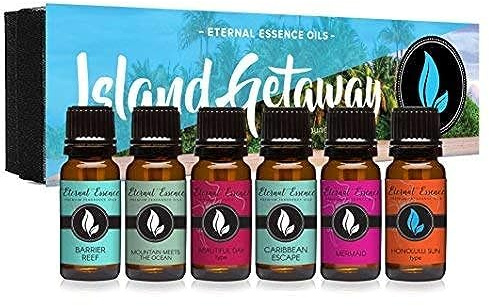 Eternal Essence Oils Island Getaway Set of 6 Premium Fragrance Oils - Includes Barrier Reef, Mountain Meets The Ocean, Beautiful Day, Caribbean Escape, Mermaid, and Honolulu Sun Hype - 10ML