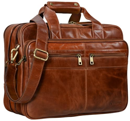 STILORD Alexander Lehrertasche Herren Leder Vintage Aktentasche Laptoptasche Bürotasche Businesstasche groß XXL Umhängetasche mit Dreifachtrenner Echtleder Farbe:Sattel-braun