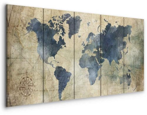 murando - Quadri Moderni Soggiorno Grandi, Mappamondo Planisfero, 225x90 cm | Chiodi Inclusi, 5 Pezzi, Quadro Moderno, Pannelli Decorativi per Pareti, Decorazione da Parete, Resistenti Allo Sbiadimento