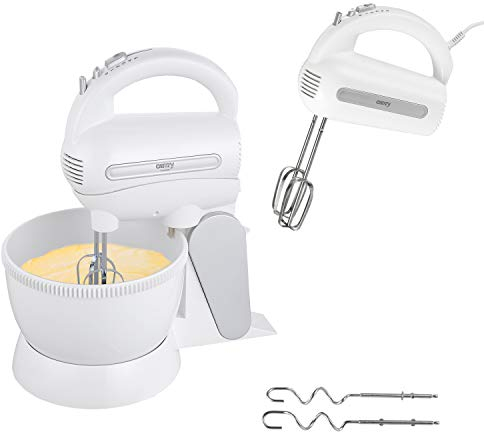 Camry CR 4213 Handmixer mit Rührschüssel, 600 W, 5 Geschwindigkeiten Turbo, Rührständer mit Knethaken und Rührhaken aus Edelstahl im Set, elektrischer Handrührer, Rührmaschine, Weiß