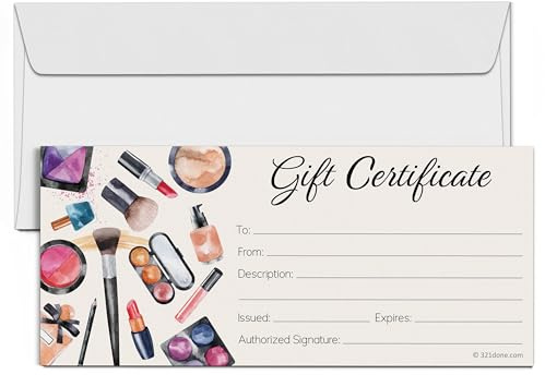 321Done Beauty Gift Certificates (Set of 24 with Envelopes) 4x9 Inches Blank for Makeup Small Business, Voucher, Salon Spa Cosmetics Sales Rep - Made in USA