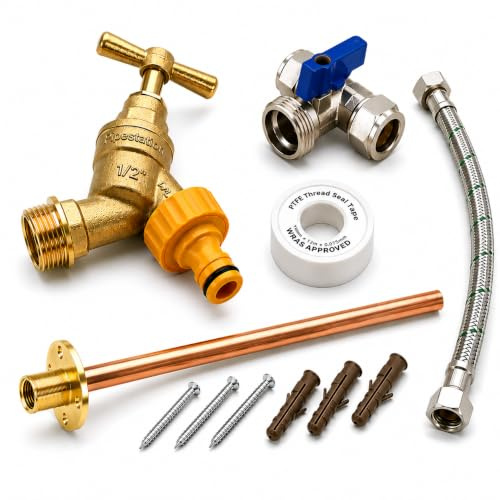 Pipestation® Kit complet de robinet extérieur avec raccord de tuyau d'arrosage de jardin, Plaque murale + Tube + PTFE + Connecteur + Flex + Isolant Kit complet