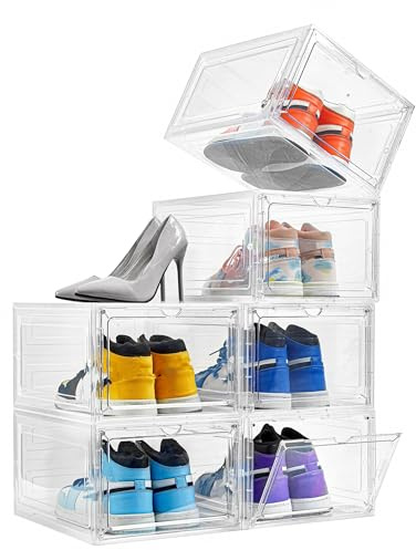 Attelite Shoe Box Organizer,Set of 6,Stackable Plastic Shoe Box with Clear Door, Shoe Storage Box Containers,For Display Sneakers,Easy Assembly,Fit up to US Size 12(13.4”x 10.6”x 7.4”)